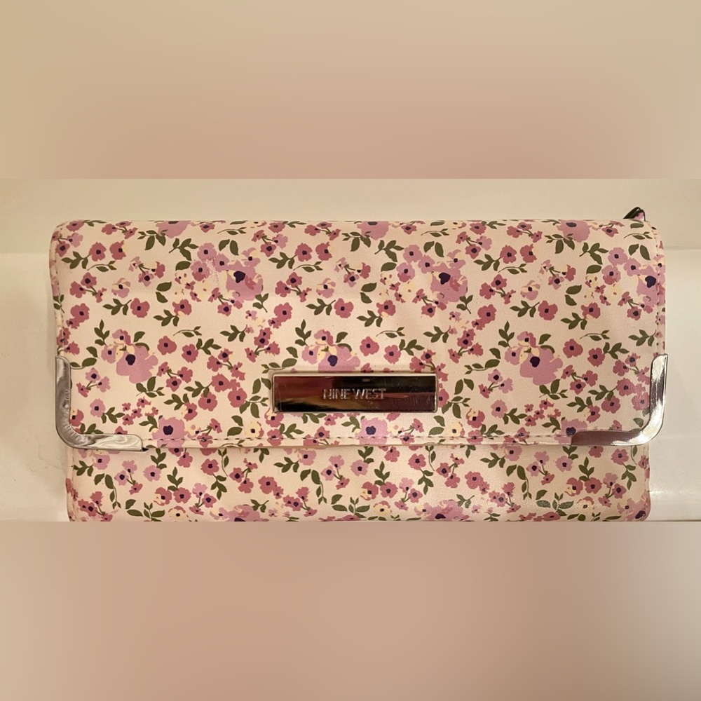 Nine West cream and purple floral tri-fold leather wallet